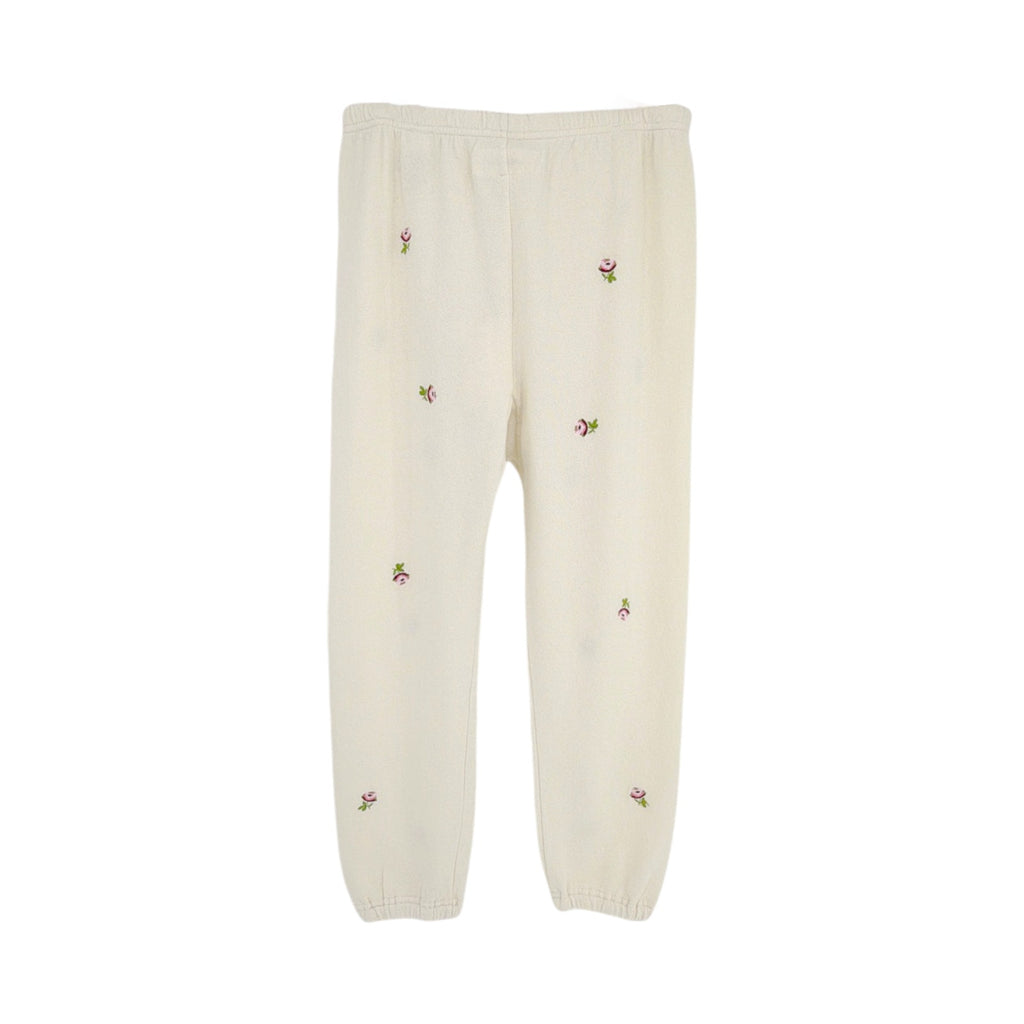 THE GREAT. The Stadium Sweatpant. Washed White with Embroidered Roses 1|S The Great.