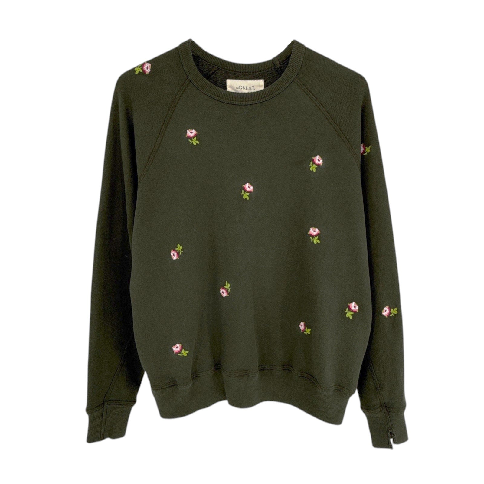 THE GREAT. The College Sweatshirt. Woodland Green With Embroidered Roses 0|XS The Great.