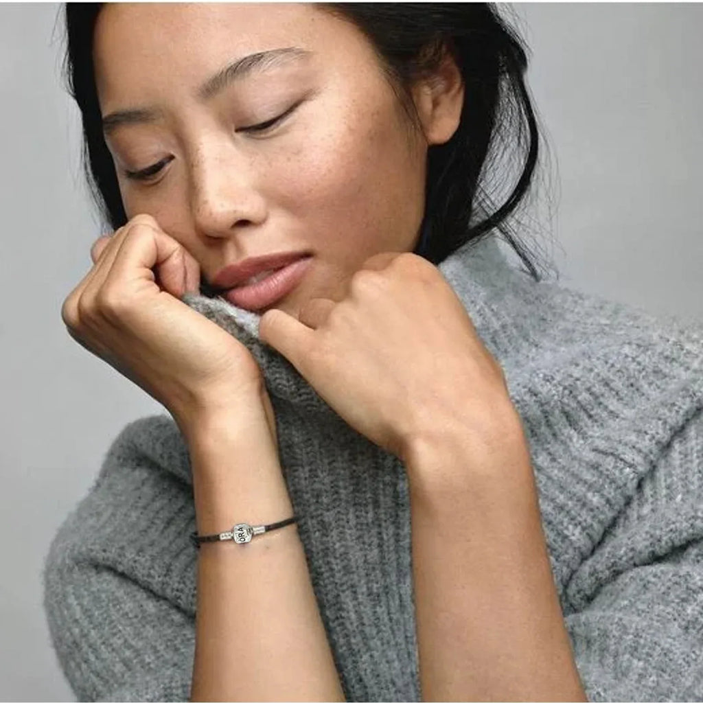 PANDORA Moments Woven Leather Bracelet with Silver Clasp in Black 17cm - flyKAMP