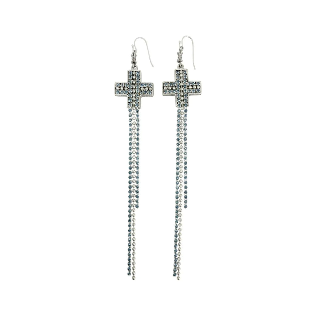 VIRGINS SAINTS & ANGELS VSA Resurrection Cross Chain Earrings in Silver & Blue - flyKAMP