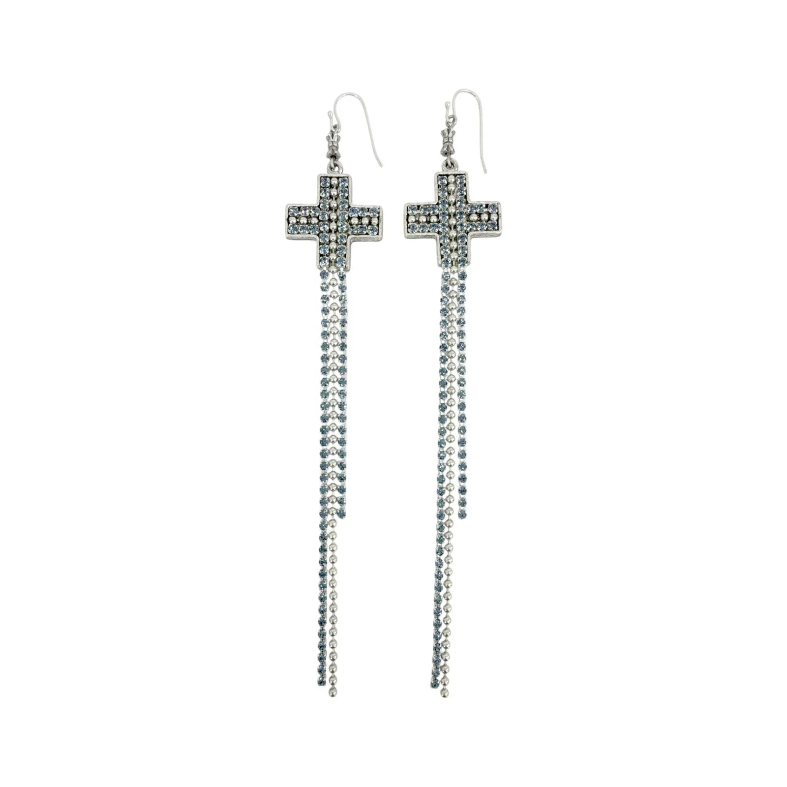 VIRGINS SAINTS & ANGELS VSA Resurrection Cross Chain Earrings in Silver & Blue - flyKAMP