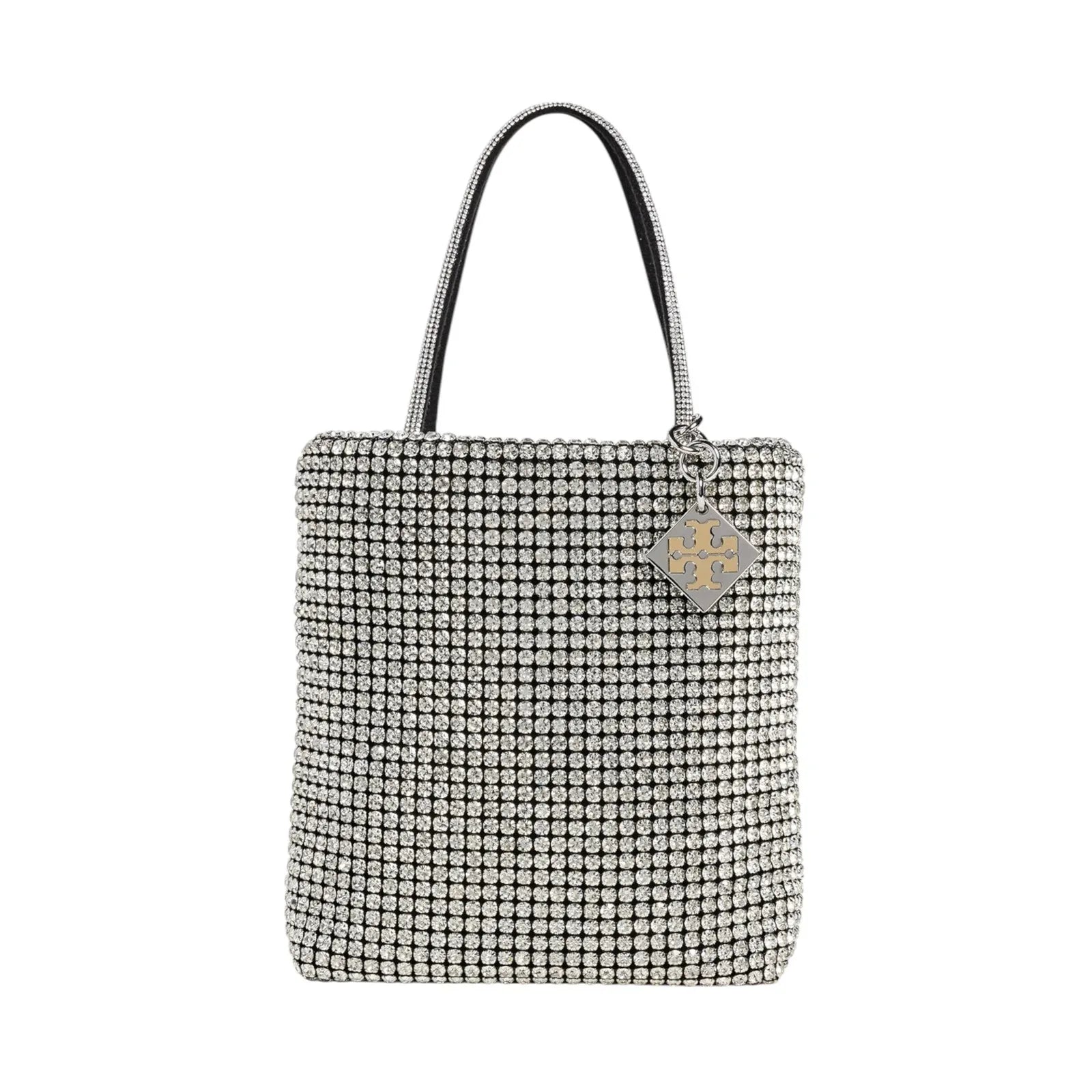 TORY BURCH Night Owl Crystal Embellished Mini Tote in Silver - flyKAMP