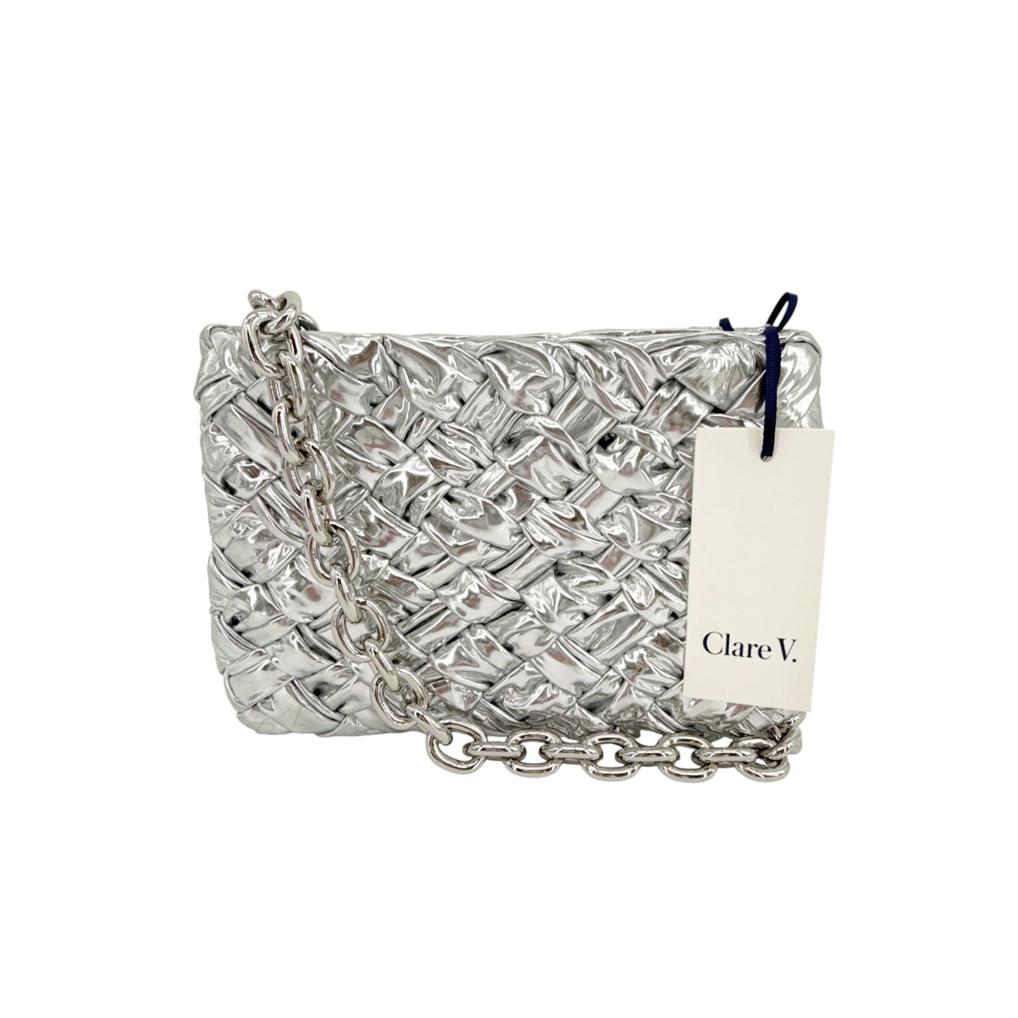 CLARE V. Estelle Clutch Specchio Puffy Woven & Mini Link Shoulder Strap Silver