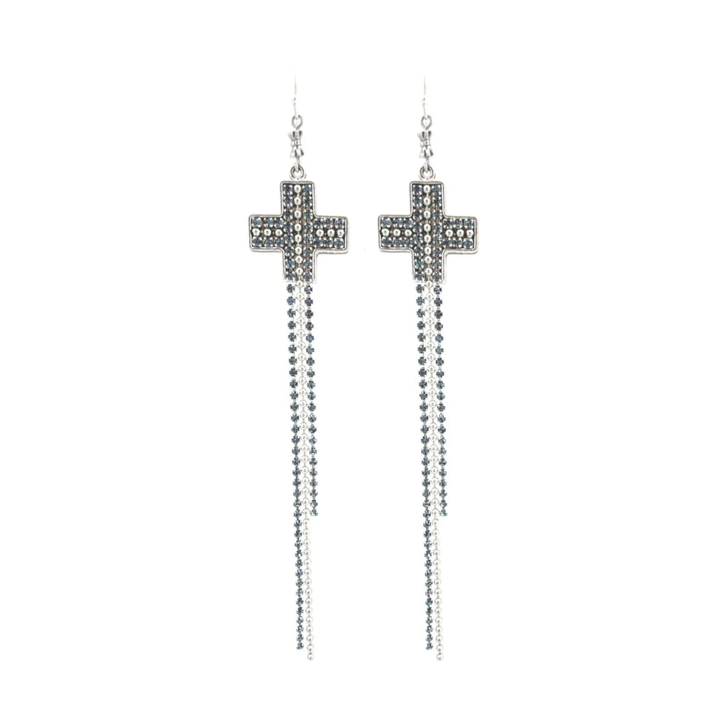 VIRGINS SAINTS & ANGELS VSA Resurrection Cross Chain Earrings in Silver & Blue - flyKAMP