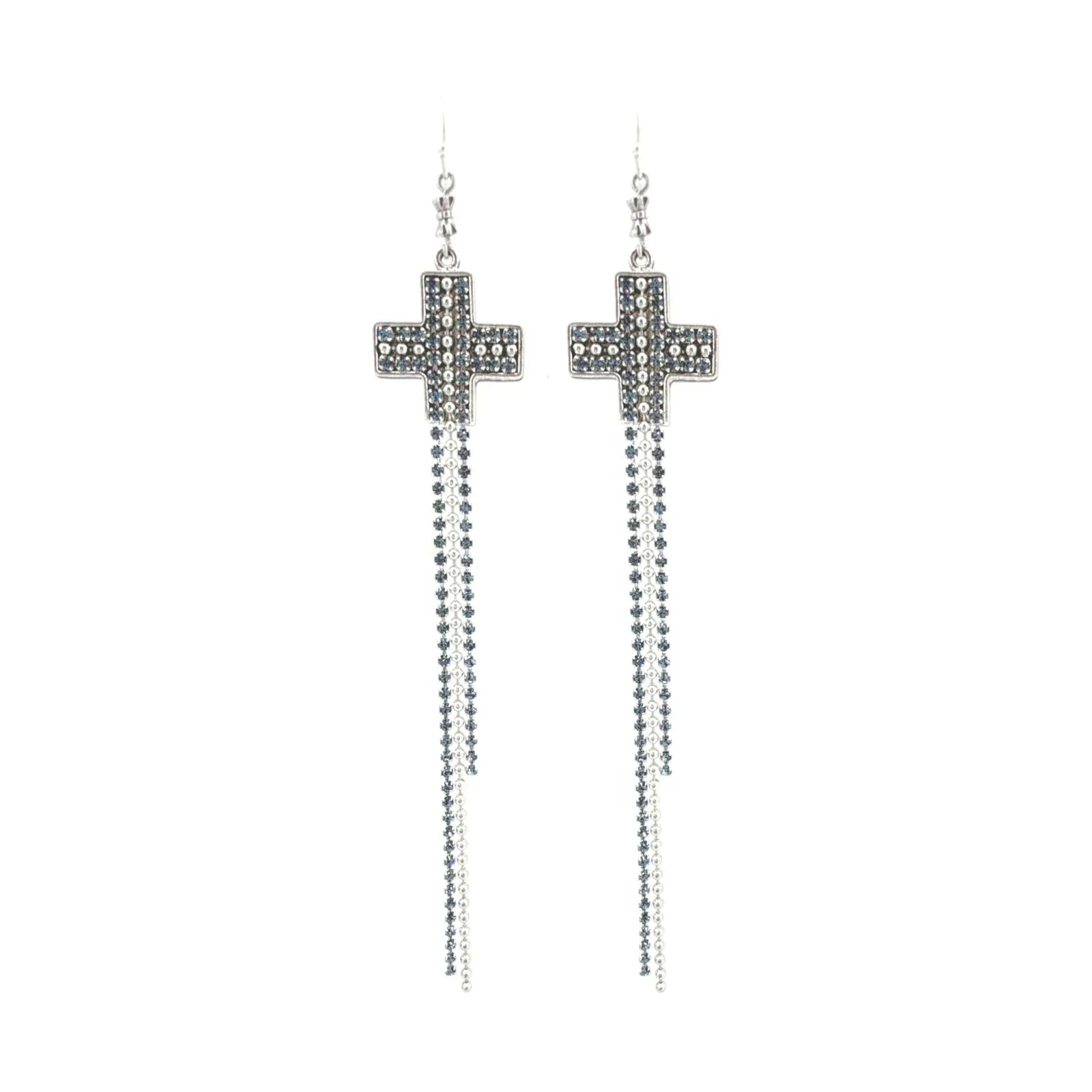 VIRGINS SAINTS & ANGELS VSA Resurrection Cross Chain Earrings in Silver & Blue - flyKAMP