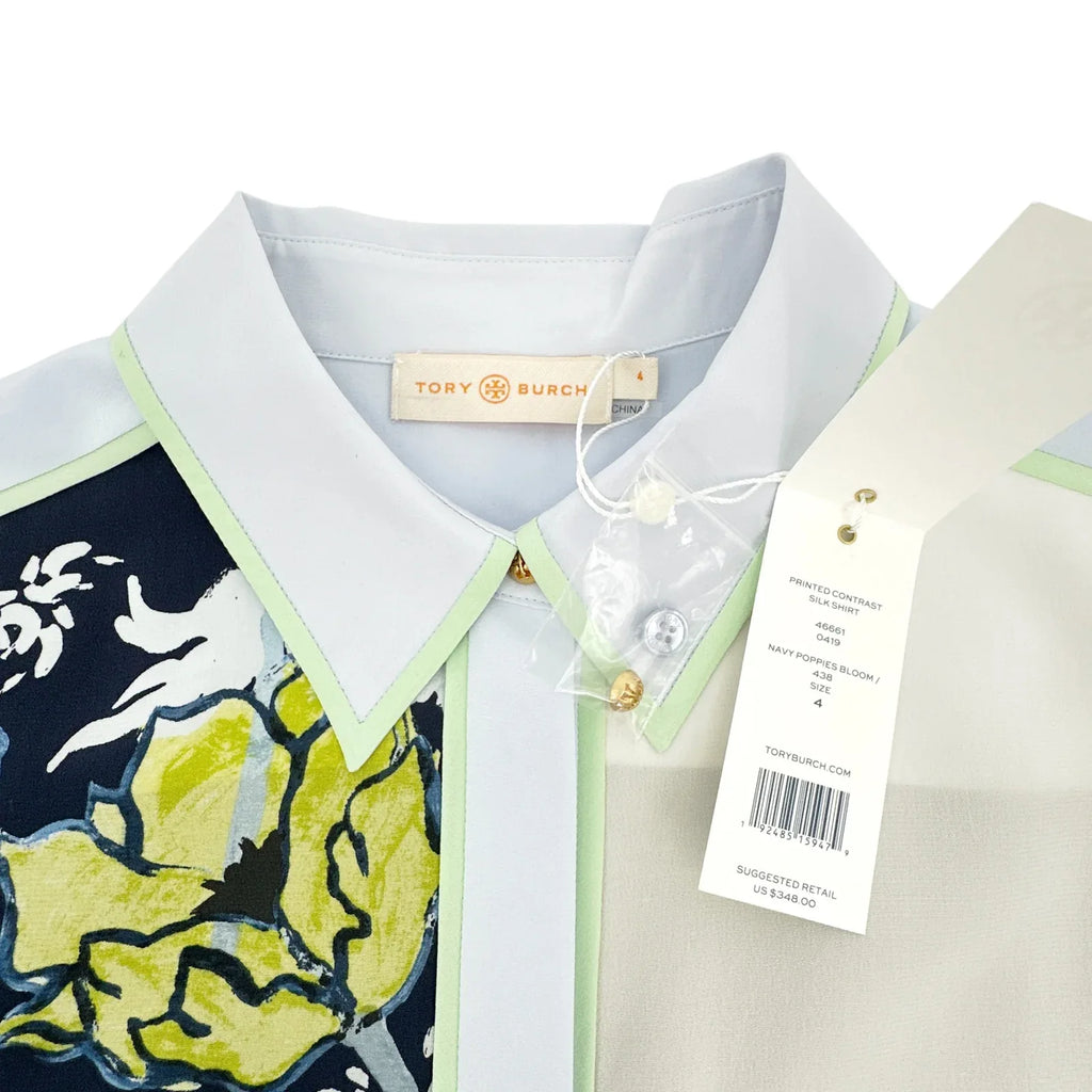 TORY BURCH Printed Contrast Silk Shirt in Navy Poppies Bloom 4 - flyKAMP