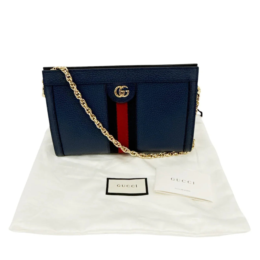 GUCCI Ophidia Chain Shoulder Bag Textured Calfskin Web in Blue Agata - flyKAMP