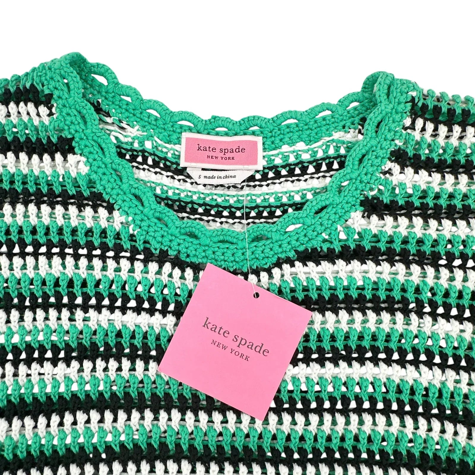 KATE SPADE New York Crochet Short Sleeve Sweater in Gumdrop Green S - flyKAMP