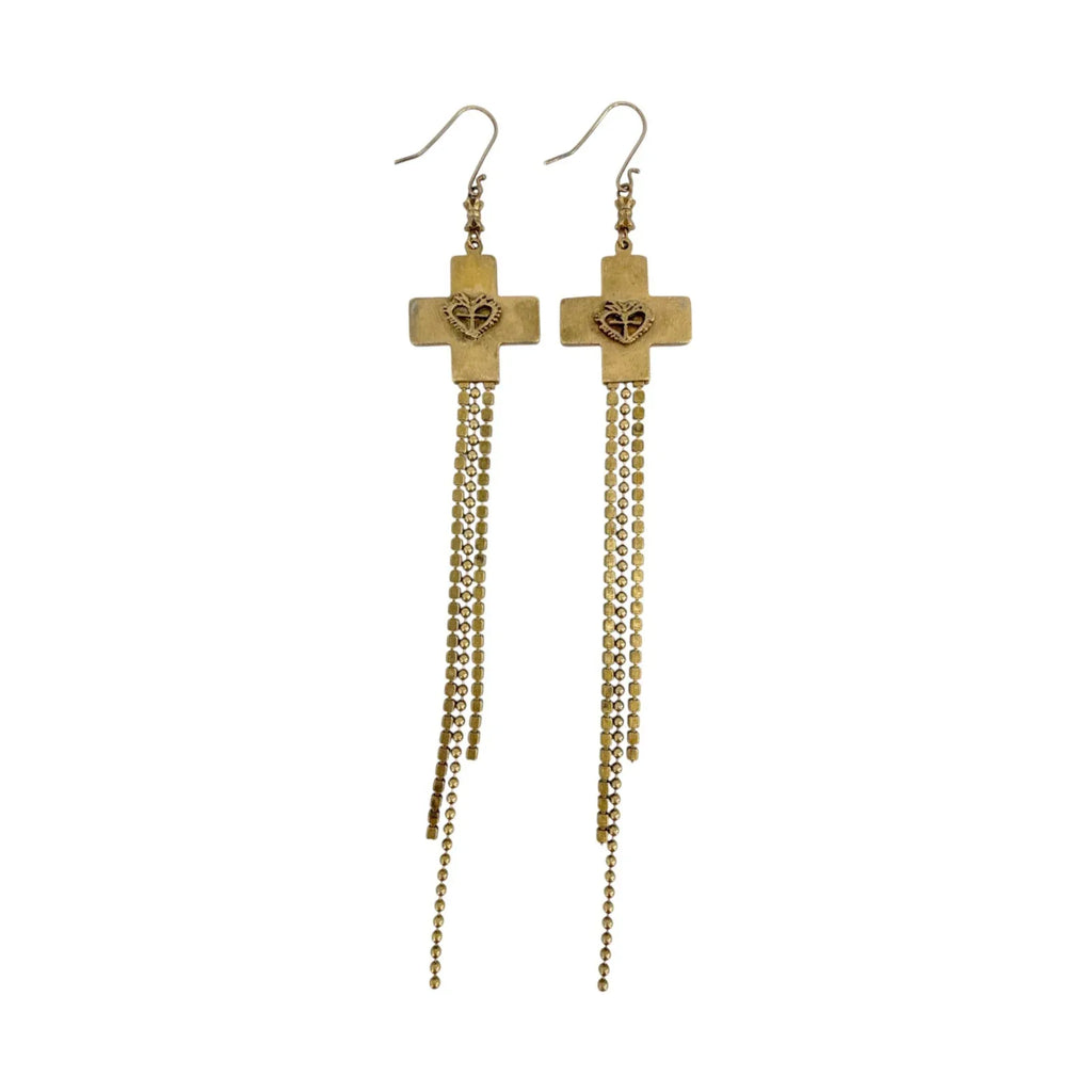 VIRGINS SAINTS & ANGELS VSA Resurrection Cross Chain Earrings in Gold & Blue - flyKAMP