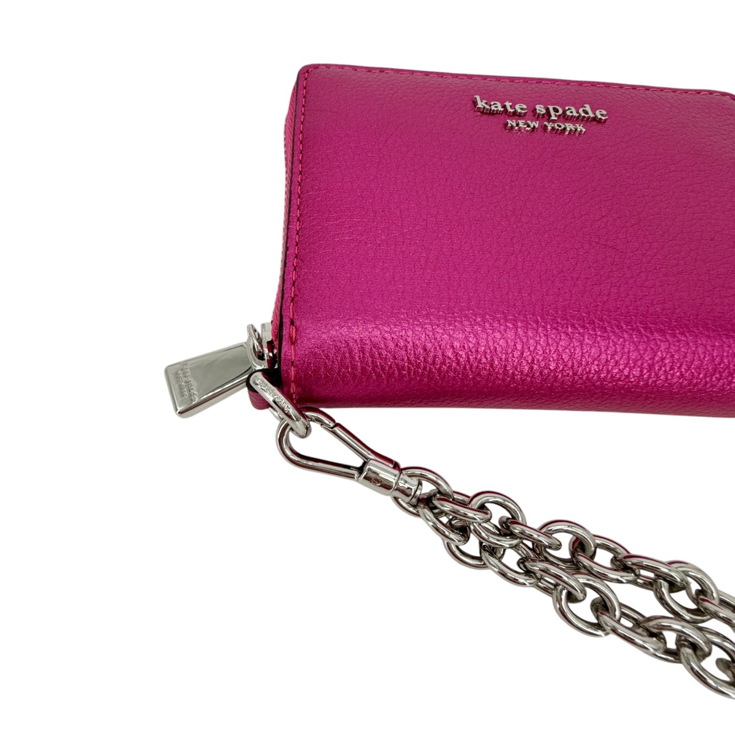 KATE SPADE Natasha Metallic Pebbled Leather Chain Compact Wristlet in Bikini Pink
