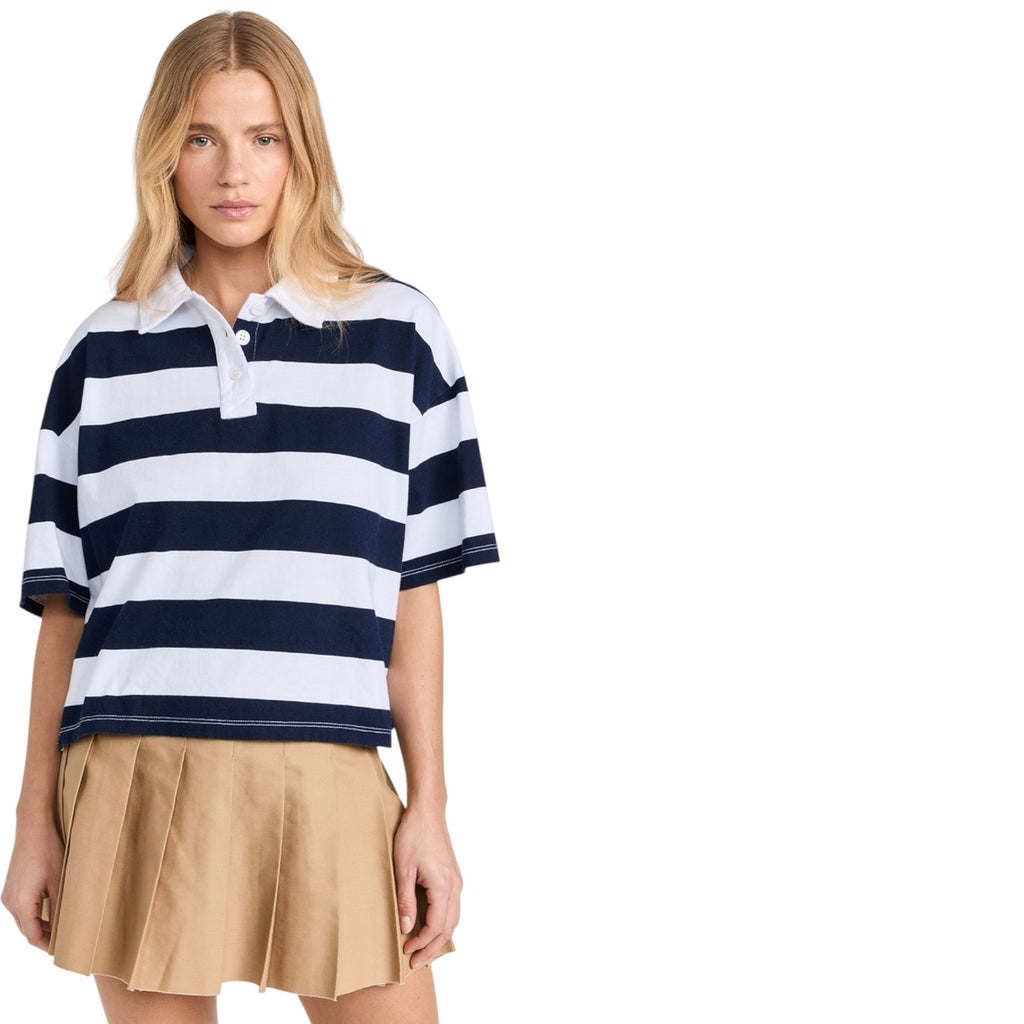 STATESIDE Rugby Stripe Short Sleeve Boxy Polo Navy & White M Stateside