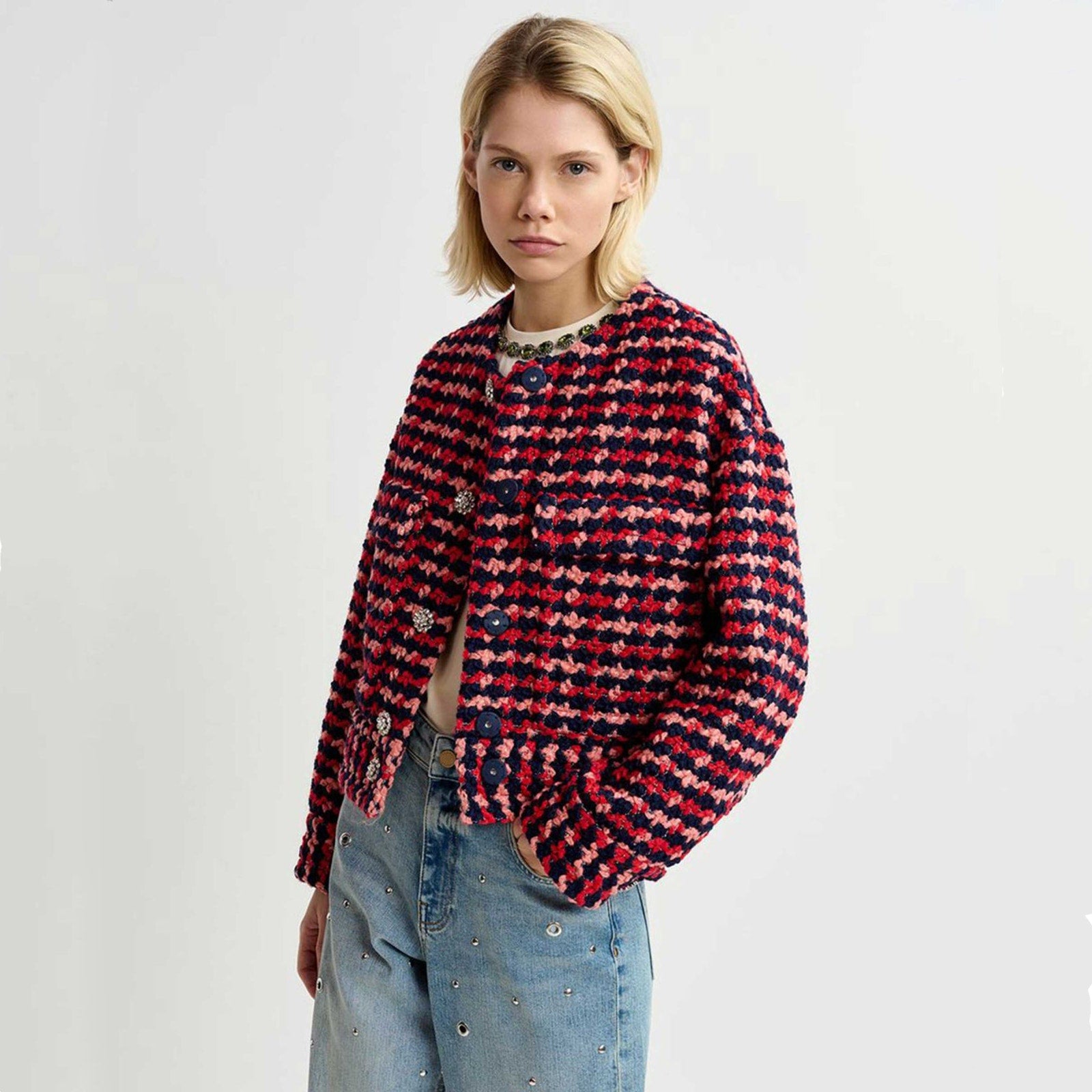 ESSENTIEL ANTWERP Wool Blend Tweed Jacket in Navy Peach & Red XS Essentiel Antwerp