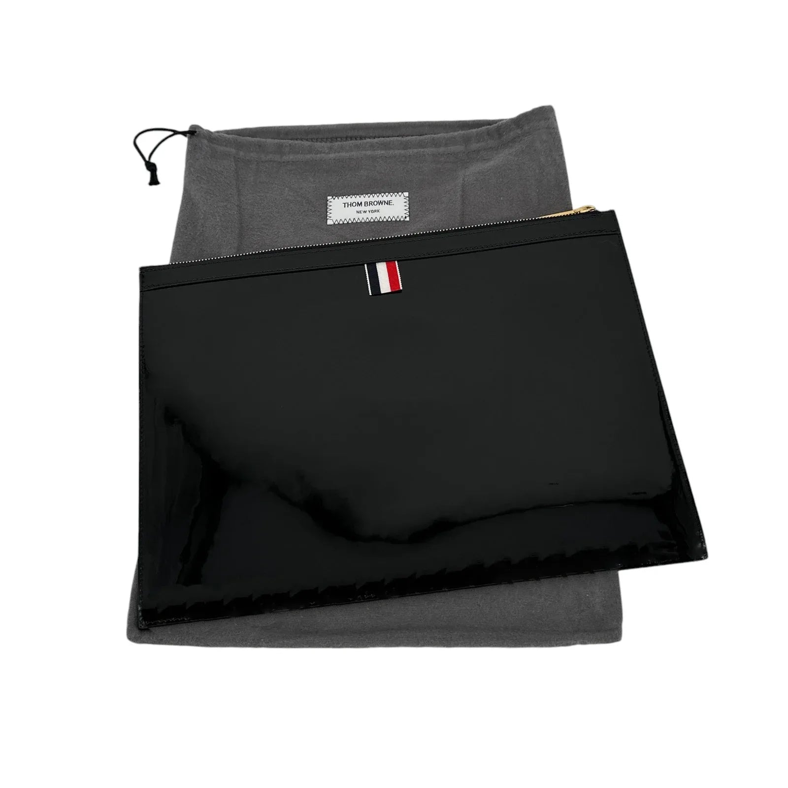 THOM BROWNE Black Soft Patent Leather Grosgrain 4-Bar Medium Document Holder - flyKAMP