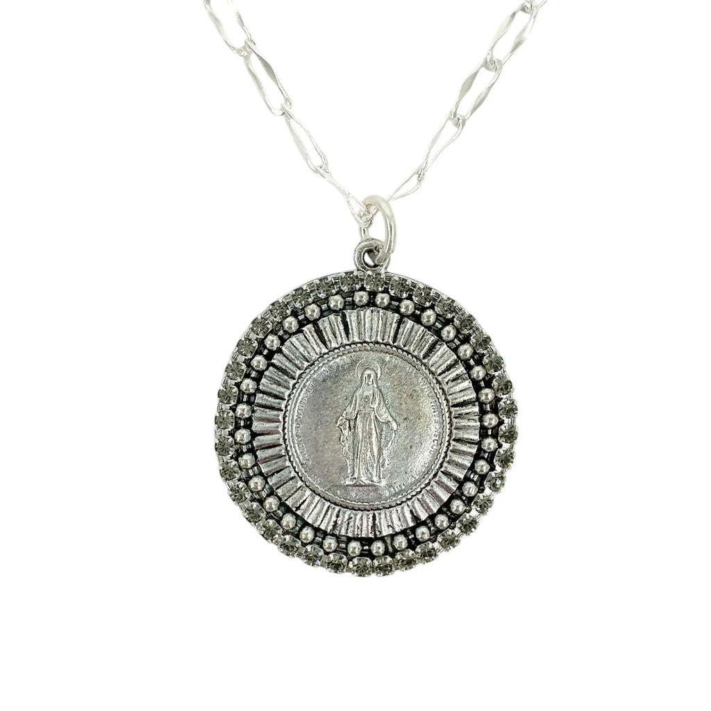 VIRGINS SAINTS & ANGELS Disco Virgin Charm Necklace in Silver & Black Diamond - flyKAMP