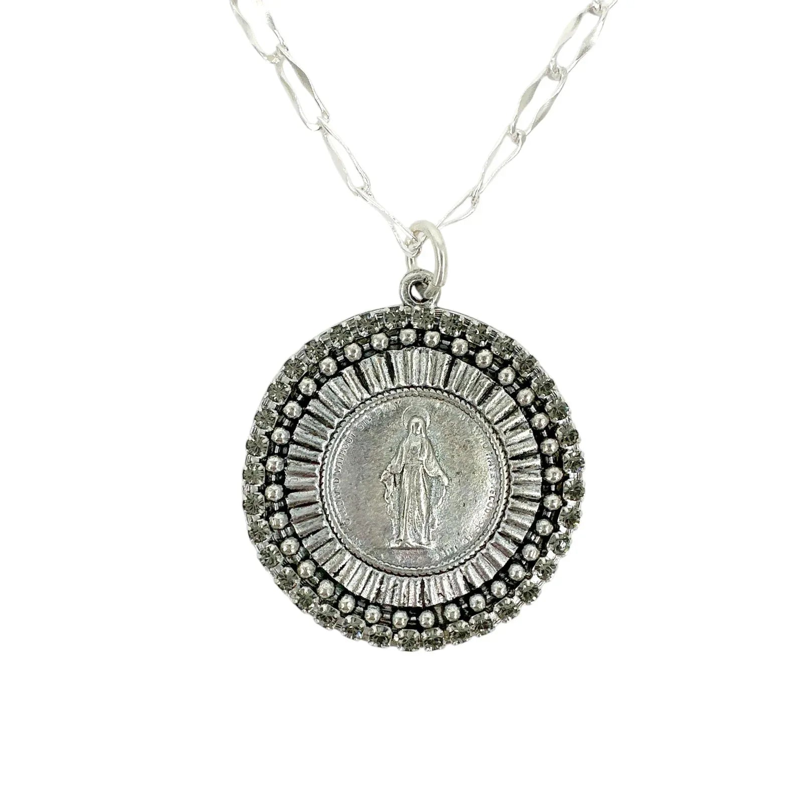 VIRGINS SAINTS & ANGELS Disco Virgin Charm Necklace in Silver & Black Diamond - flyKAMP