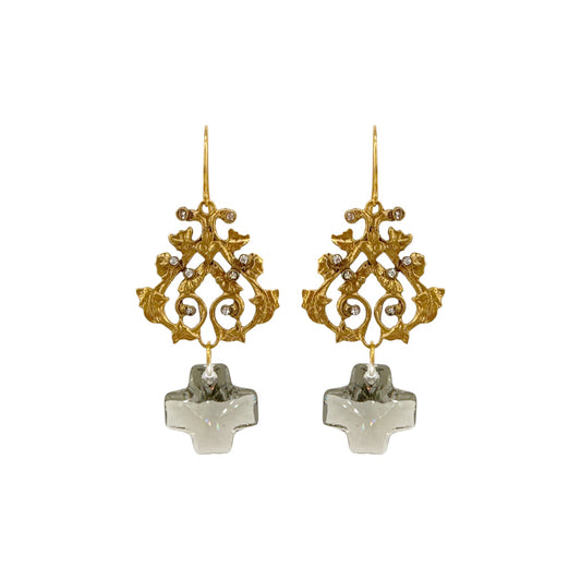 VIRGINS SAINTS & ANGELS VSA Vine Earrings with Cross in Gold & Black Diamond
