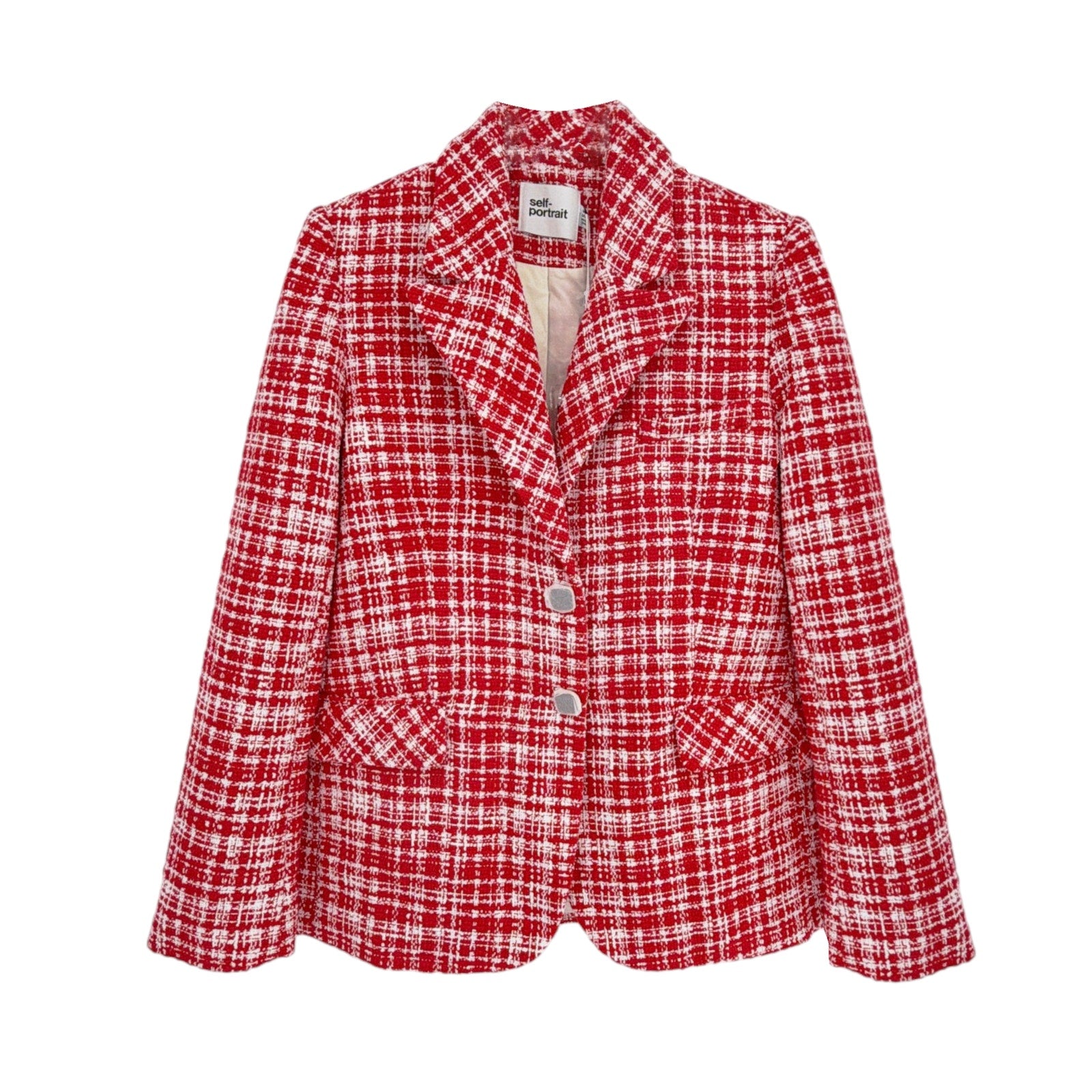 SELF-PORTRAIT Bouclé Checked Blazer in Red Self-Portrait
