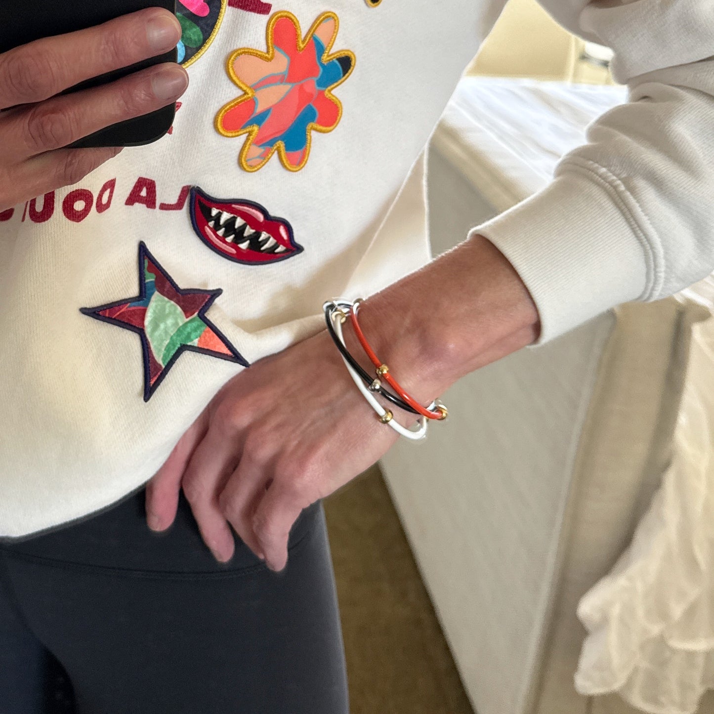 ALEX+ANI Bezel Stone Enamel Cuff in Coral Red