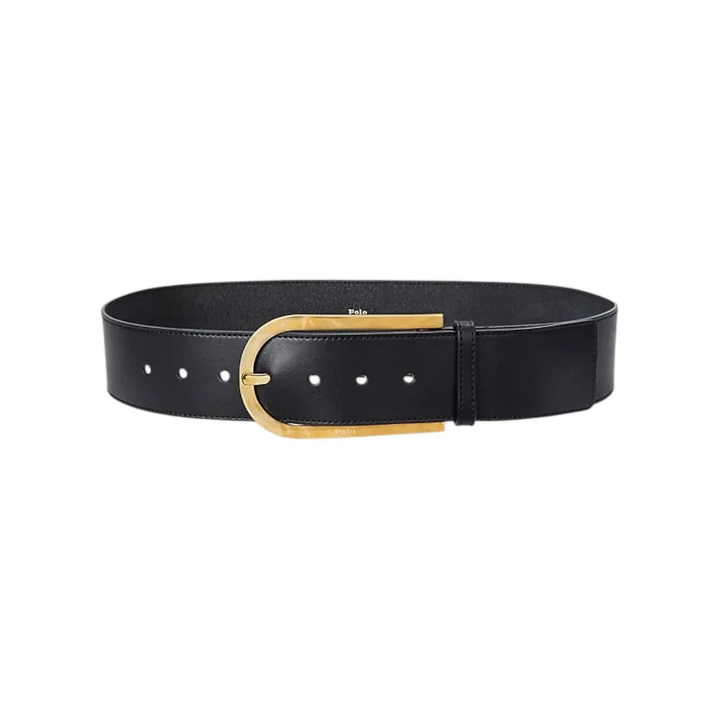 POLO RALPH LAUREN Elongated-Buckle Leather Belt in Black & Gold S - flyKAMP