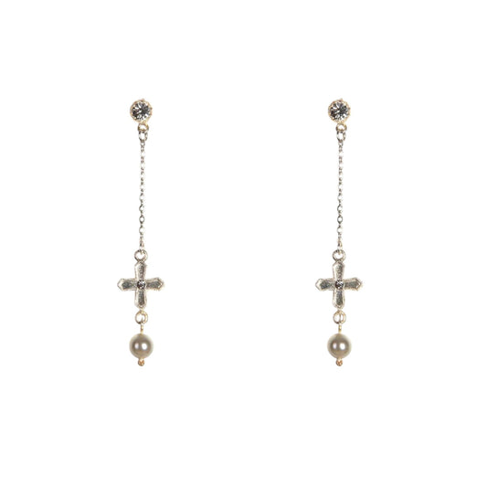 VIRGINS SAINTS & ANGELS VSA Peace Cross Pearl Drop Post Earrings in Silver