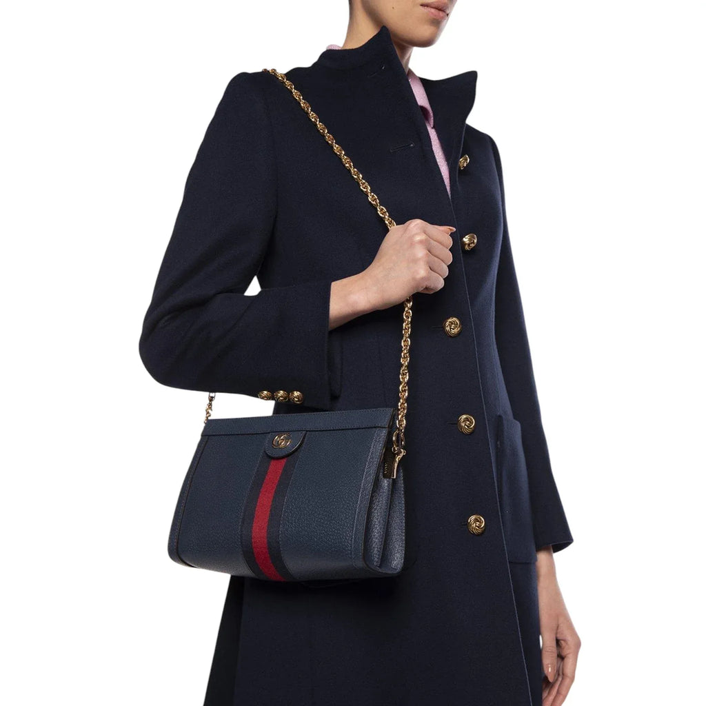 GUCCI Ophidia Chain Shoulder Bag Textured Calfskin Web in Blue Agata - flyKAMP