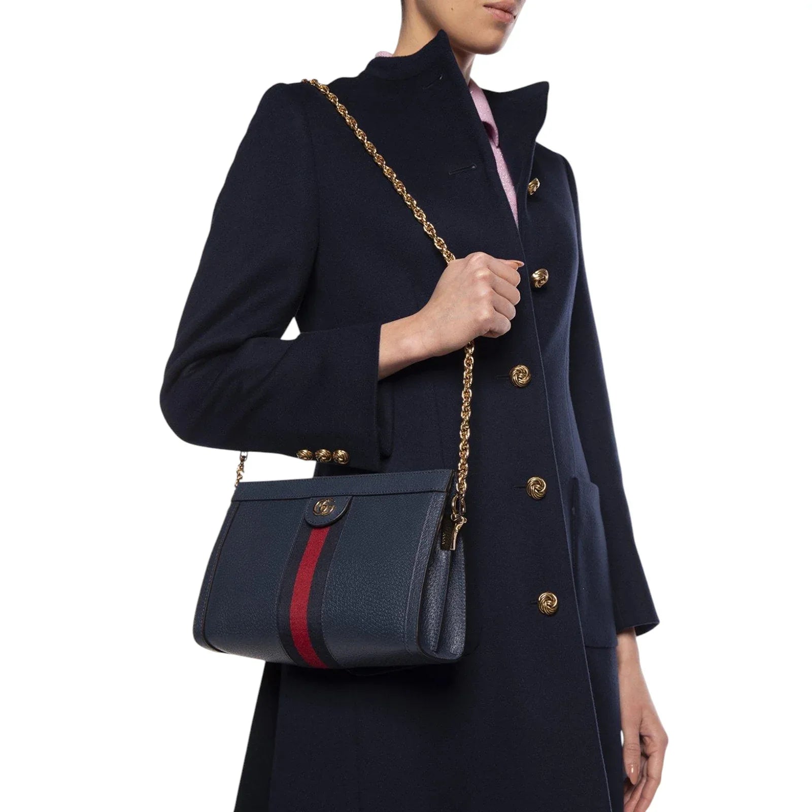 GUCCI Ophidia Chain Shoulder Bag Textured Calfskin Web in Blue Agata - flyKAMP