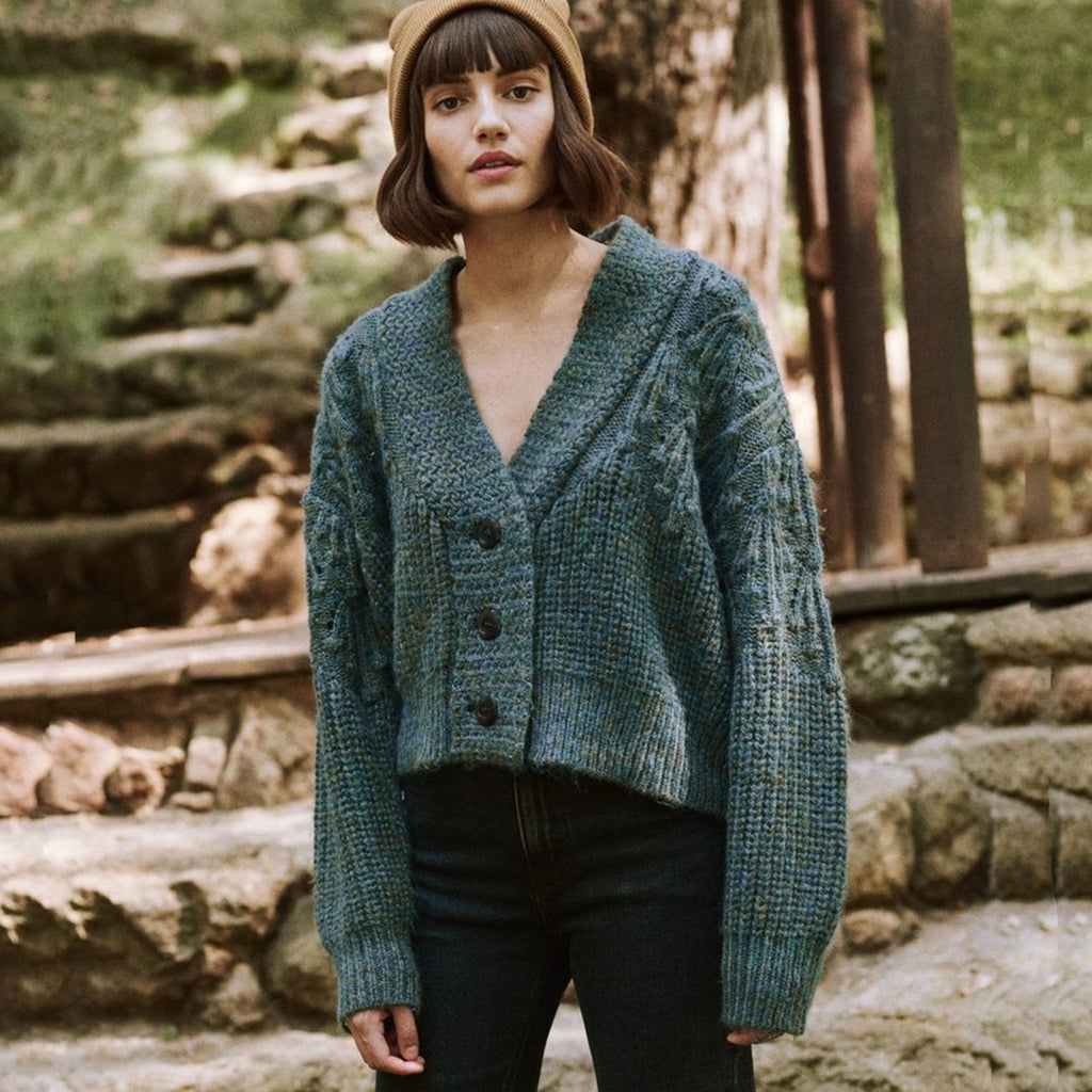 The GREAT. The Frond Montana Cardigan in Pine Needle Shimmer 1 | S The Great.