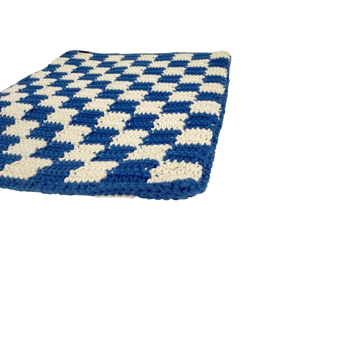 CLARE V. Foldover Clutch in Cobalt & Cream Crochet with Chain Shoulder Strap