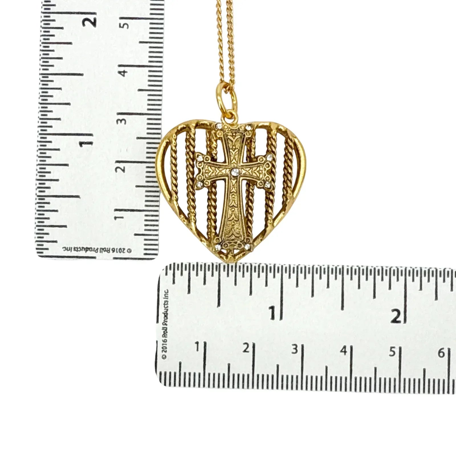 VIRGINS SAINTS & ANGELS VSA Caged Heart Cross Charm Necklace in Gold - flyKAMP