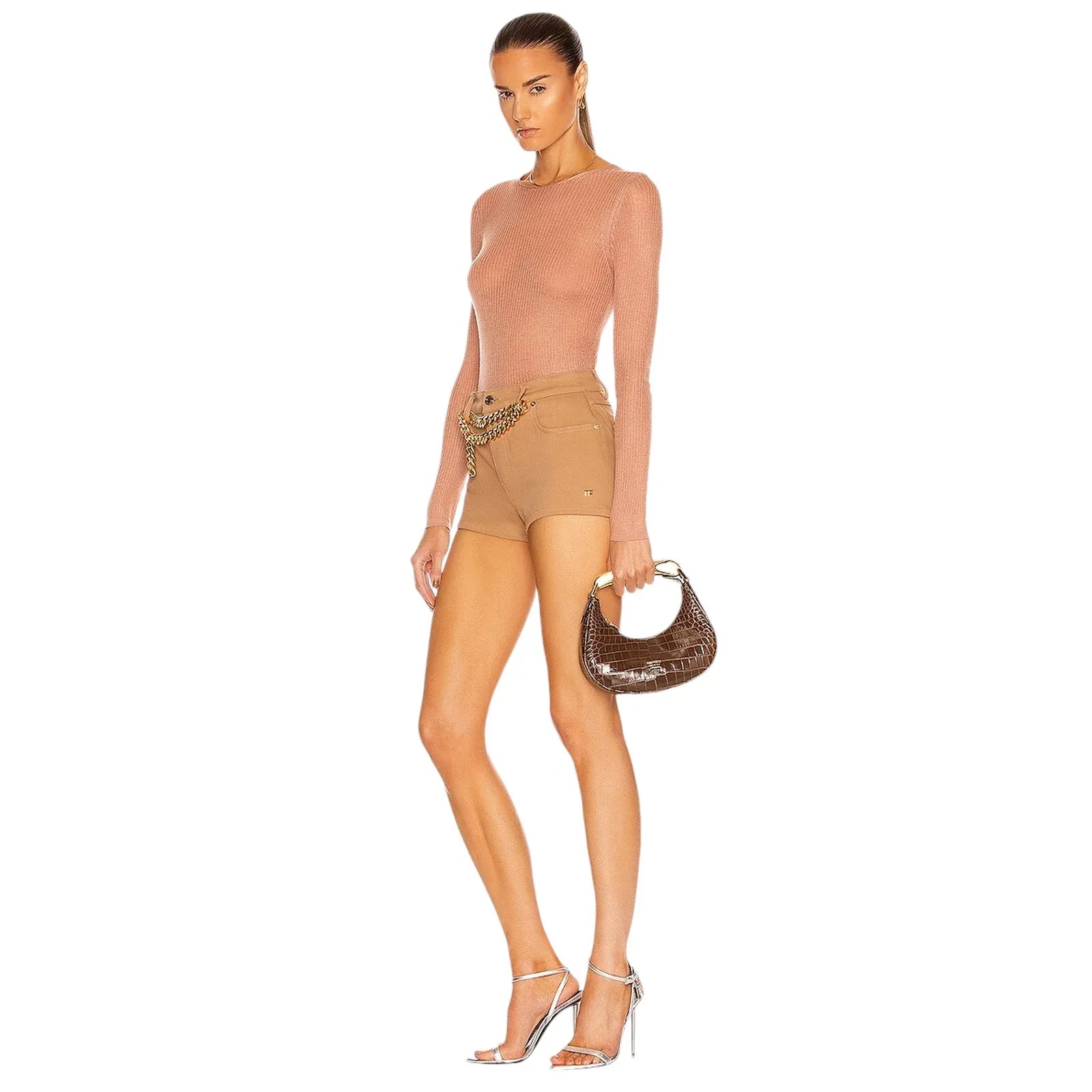 TOM FORD Calfskin Crocodile Embossed Mini Bianca Hobo Chestnut - flyKAMP