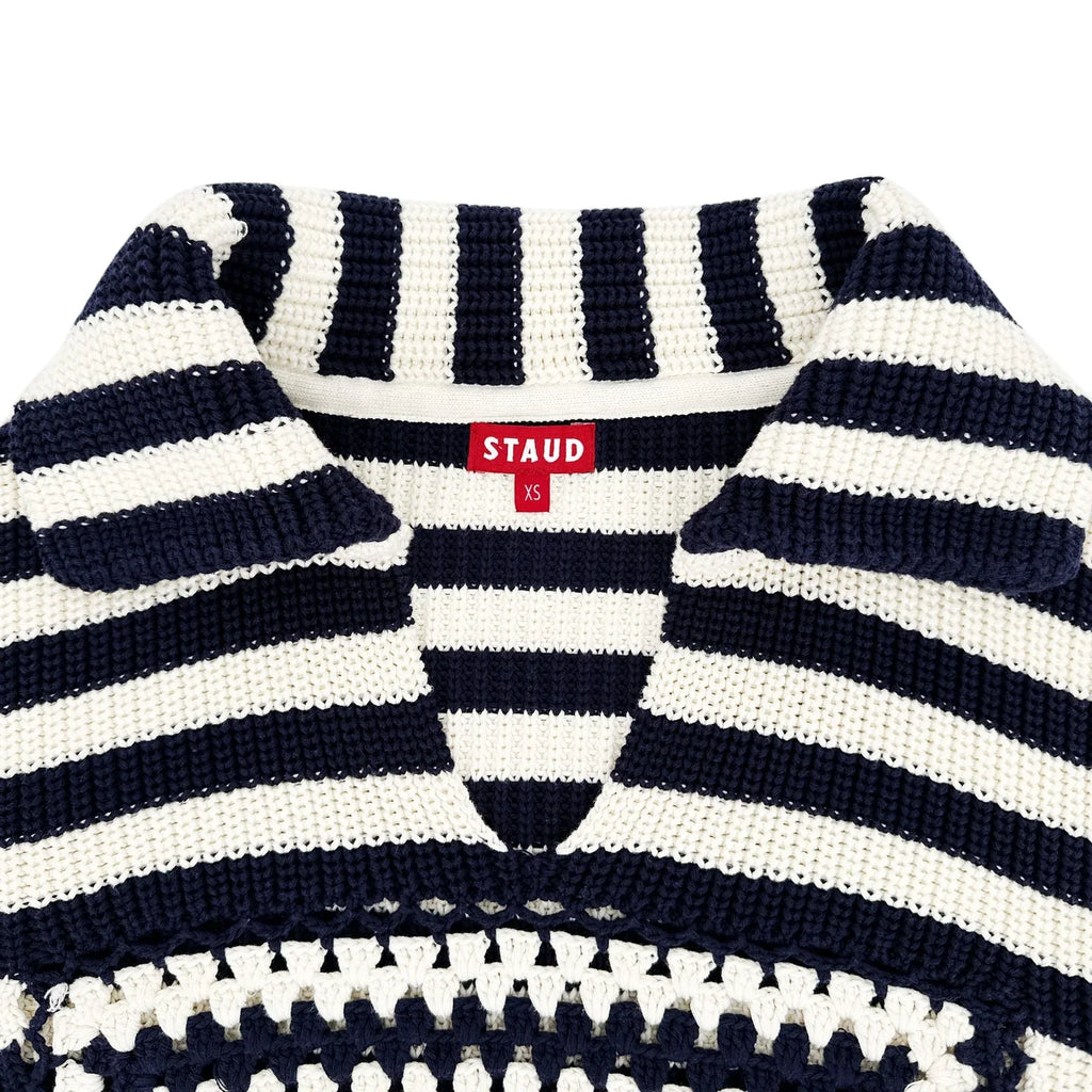 STAUD Alloy Striped Crocheted Cotton Sweater In Acid Cobalt XS - flyKAMP