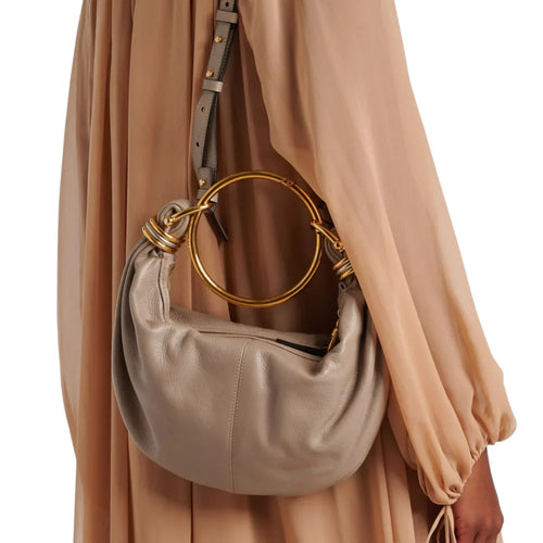 CHLOE Small Bracelet Hobo Bag in Grained Leather in Grey - flyKAMP