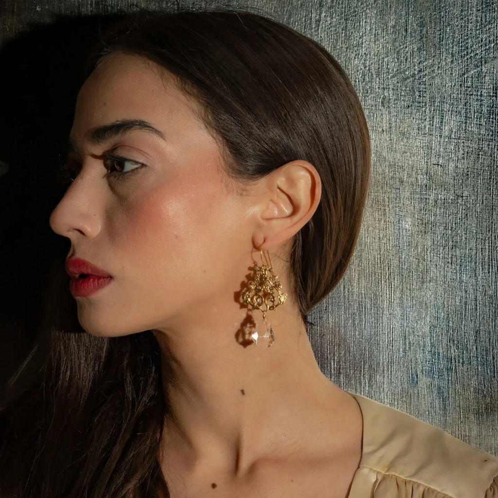 VIRGINS SAINTS & ANGELS VSA Vine Drop Earrings in Gold & Clear Crystal - flyKAMP