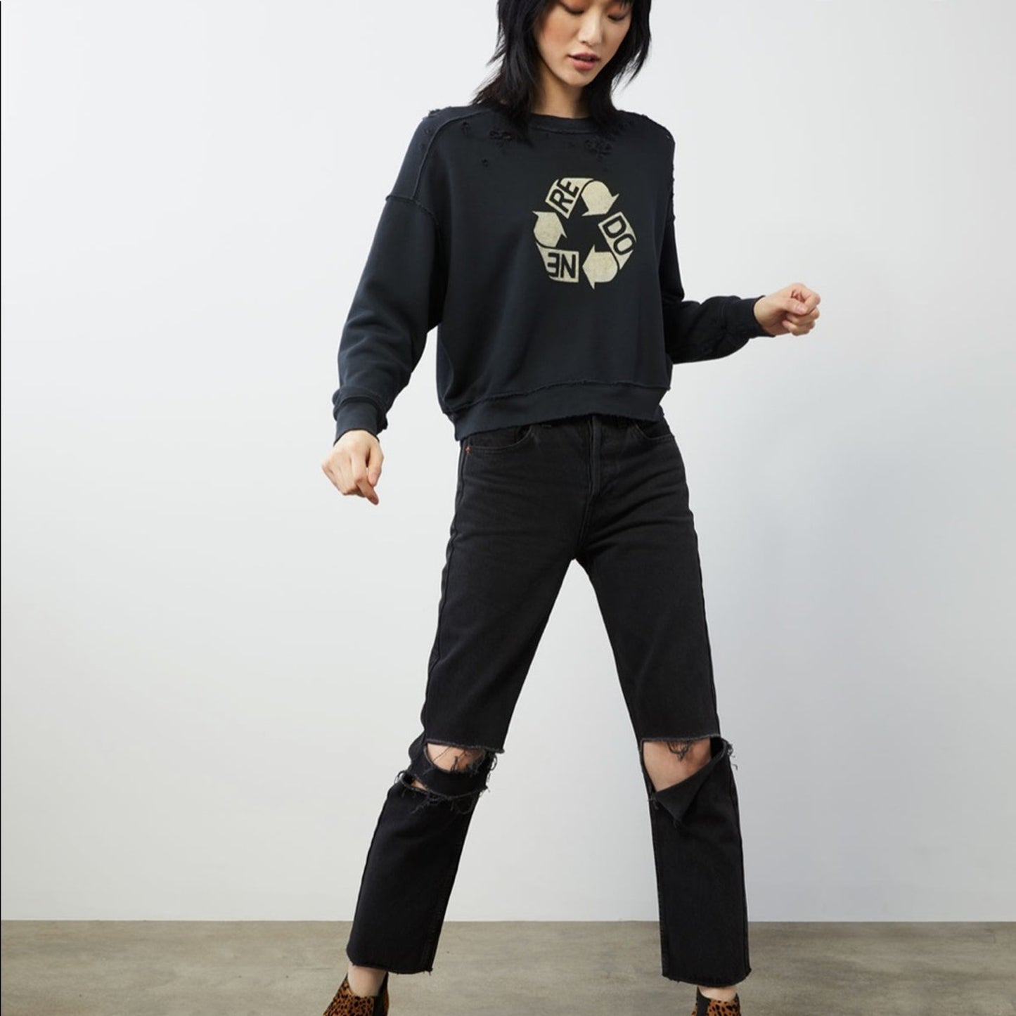 RE/DONE Recycle Distressed Crew Sweatshirt S