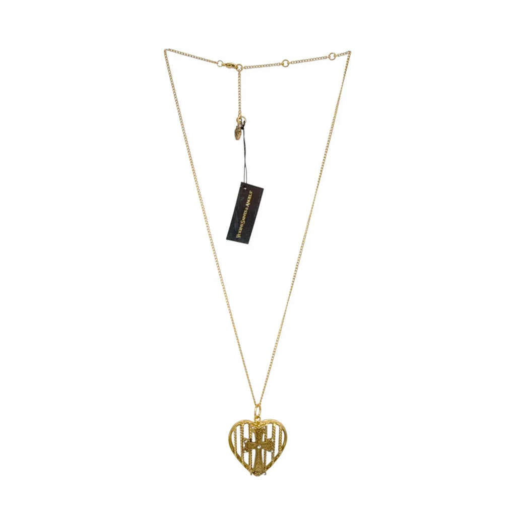 VIRGINS SAINTS & ANGELS VSA Caged Heart Cross Charm Necklace in Gold - flyKAMP