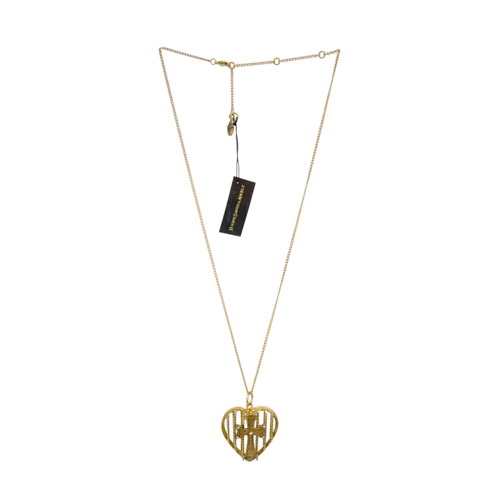 VIRGINS SAINTS & ANGELS VSA Caged Heart Cross Charm Necklace in Gold - flyKAMP