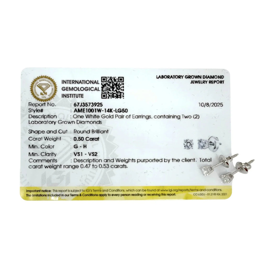 DIAMOND Certified Lab-Grown Solitaire Stud Earrings 1/2 CT. TW in 14k White Gold - flyKAMP