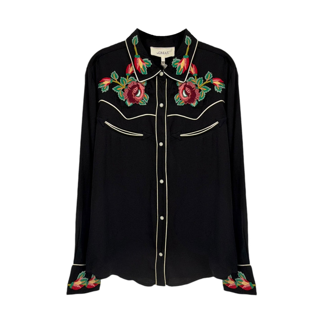 THE GREAT. The Heirloom Rose Western Shirt in Black 1|S The Great.