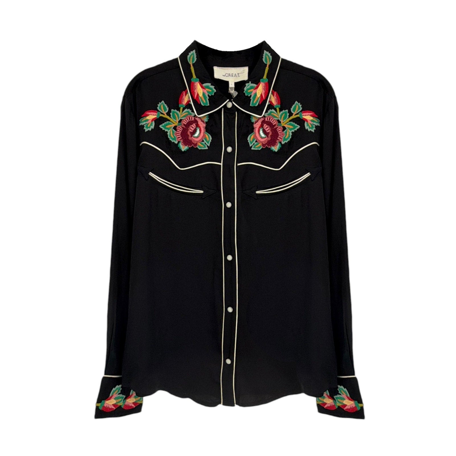 THE GREAT. The Heirloom Rose Western Shirt in Black 1|S The Great.