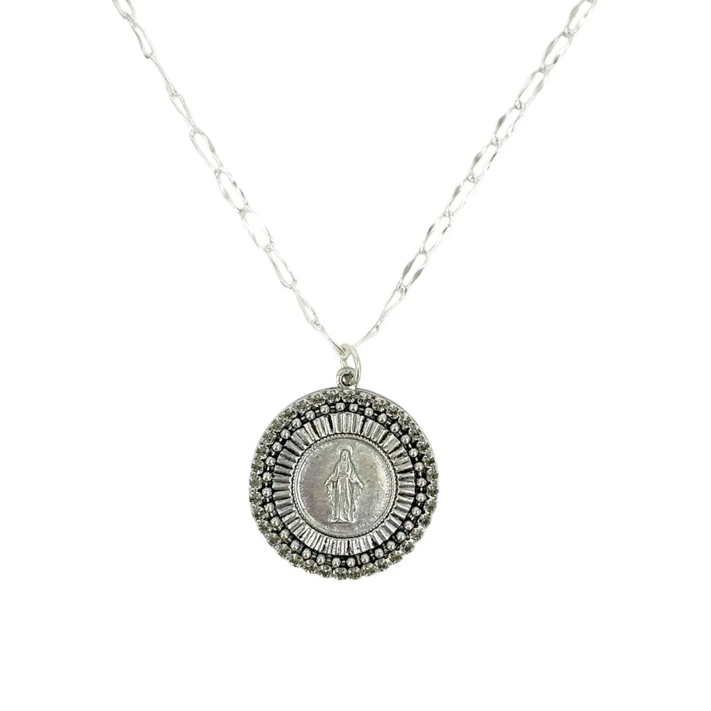 VIRGINS SAINTS & ANGELS Disco Virgin Charm Necklace in Silver & Black Diamond - flyKAMP
