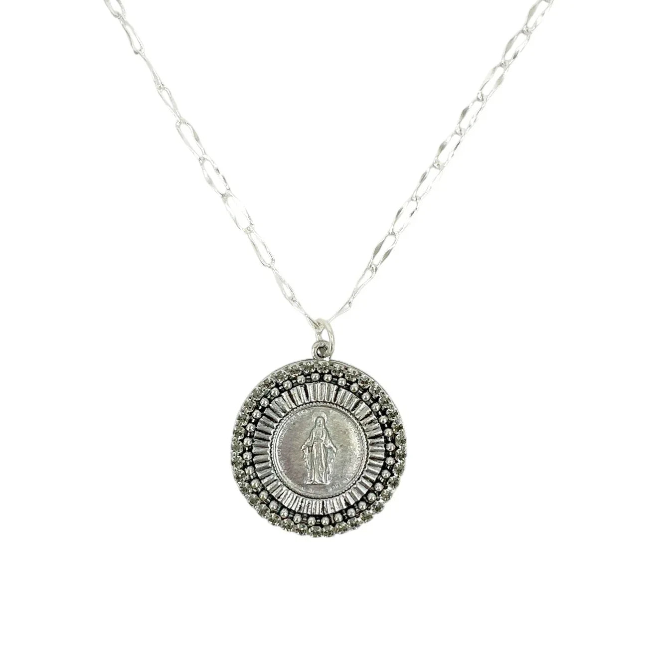 VIRGINS SAINTS & ANGELS Disco Virgin Charm Necklace in Silver & Black Diamond - flyKAMP