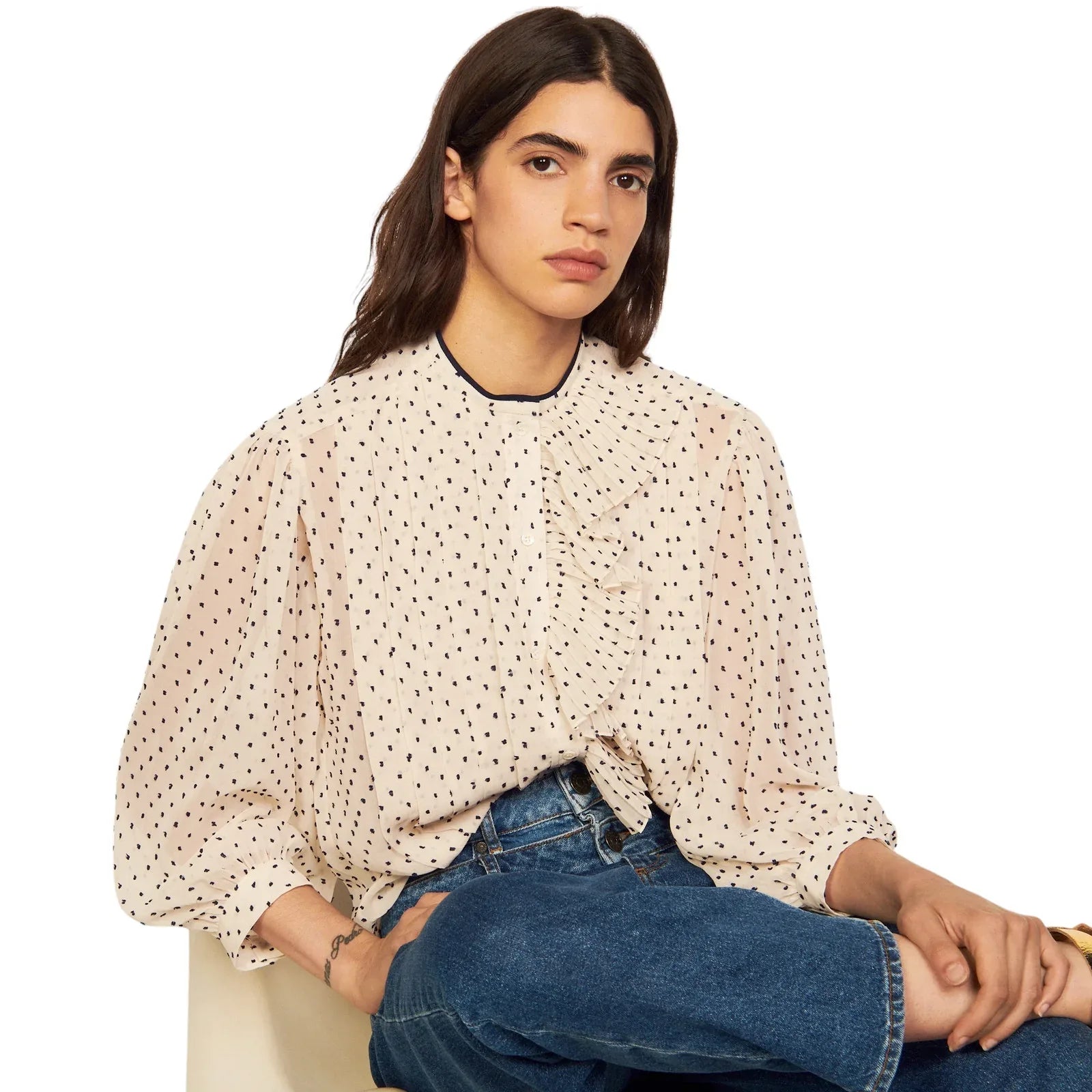 SANDRO Noelle Jabot Detail Swiss Dot Blouse 2|M - flyKAMP