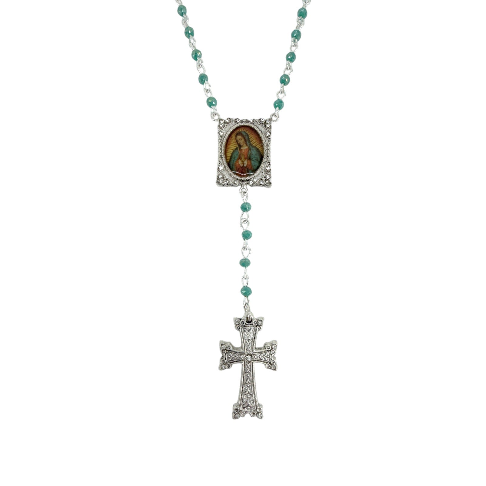 VIRGINS SAINTS & ANGELS VSA Retablo Guadalupe Rosary Necklace Silver & Turquoise Virgins Saints & Angels