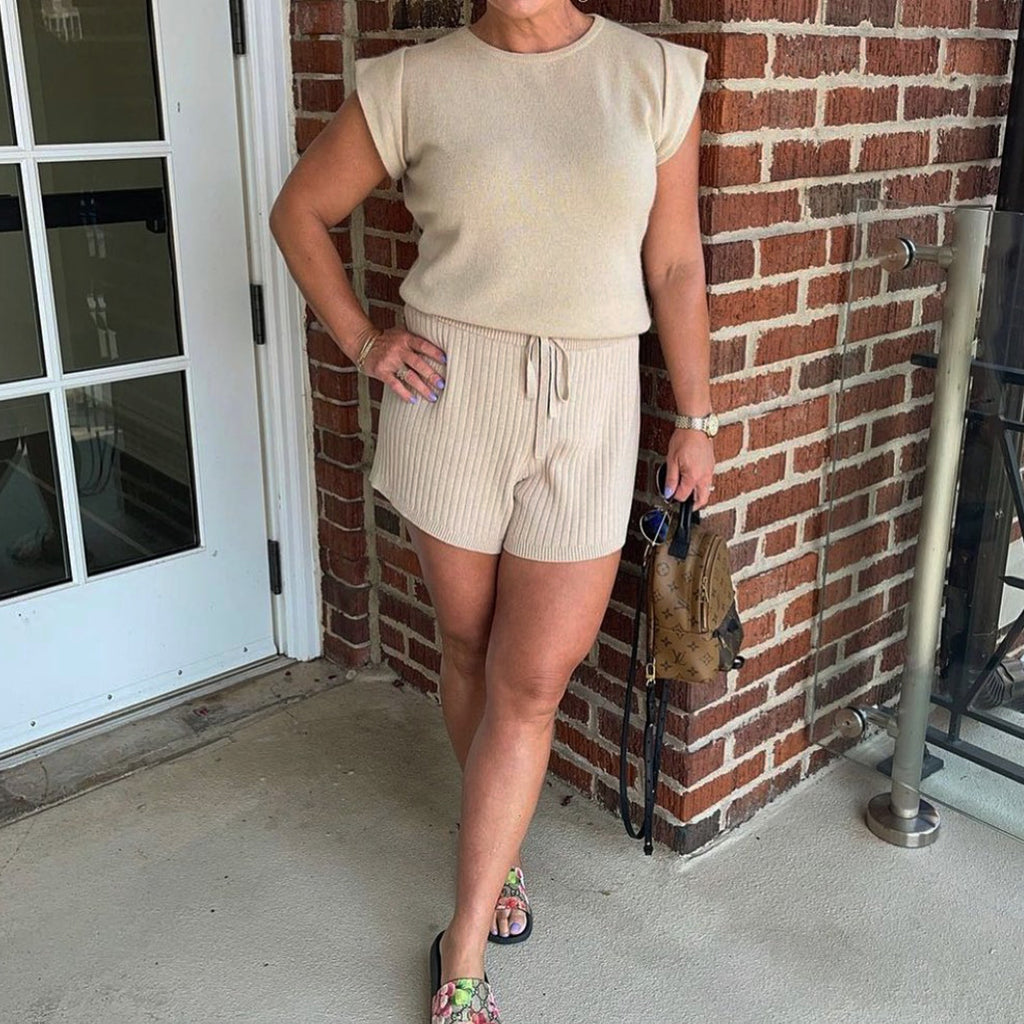 MINNIE ROSE Cashmere Cap Sleeve Knit Tee in Linen M Minnie Rose