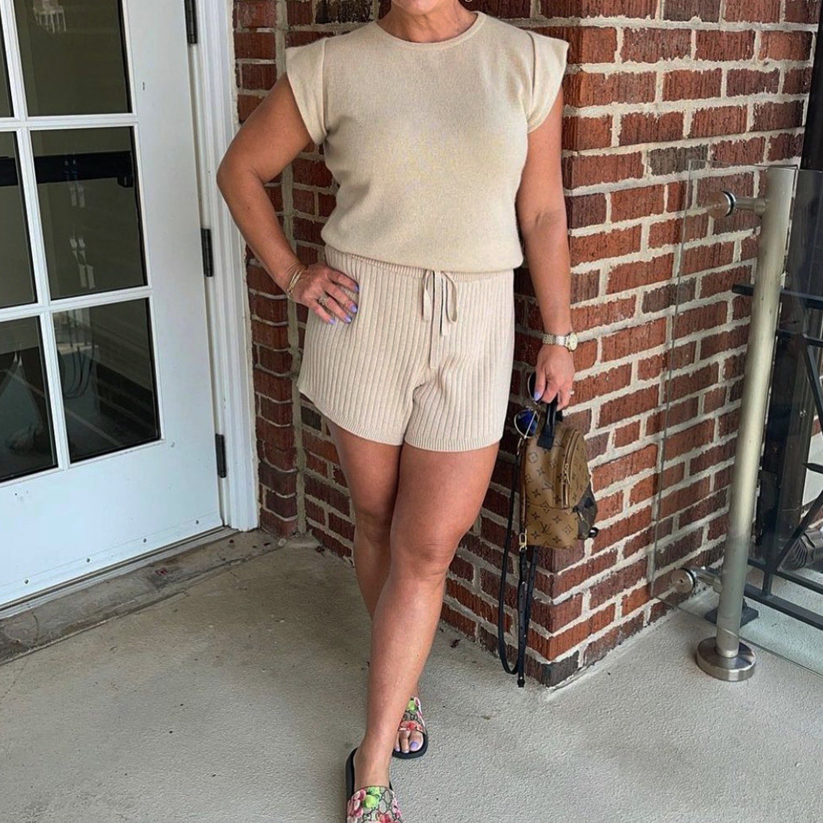 MINNIE ROSE Cashmere Cap Sleeve Knit Tee in Linen M Minnie Rose