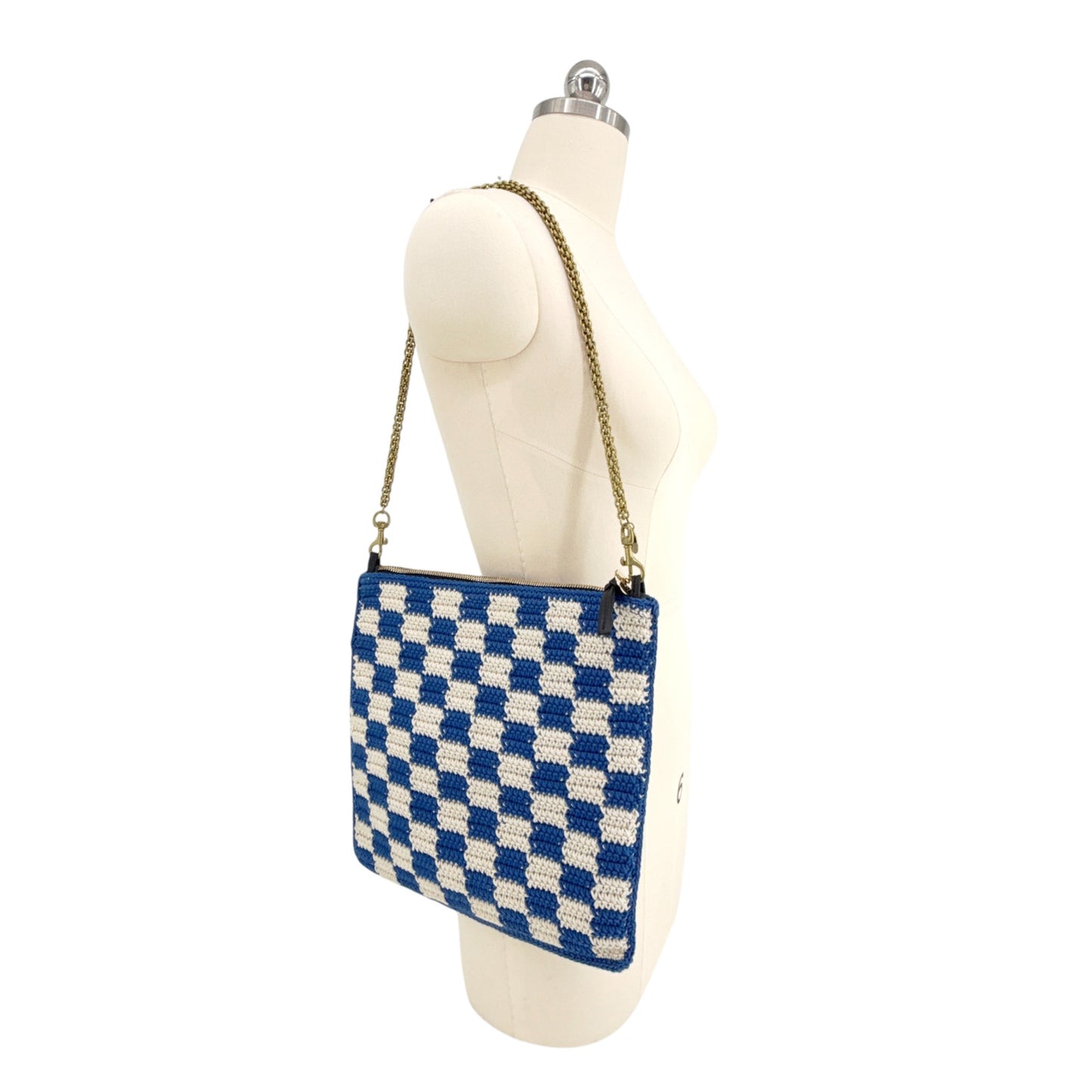 CLARE V. Foldover Clutch in Cobalt & Cream Crochet with Chain Shoulder Strap