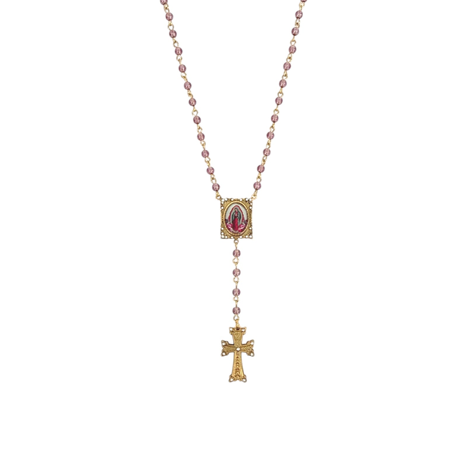 VIRGINS SAINTS & ANGELS VSA Retablo Guadalupe Rosary Necklace in Gold & Pink Virgins Saints & Angels