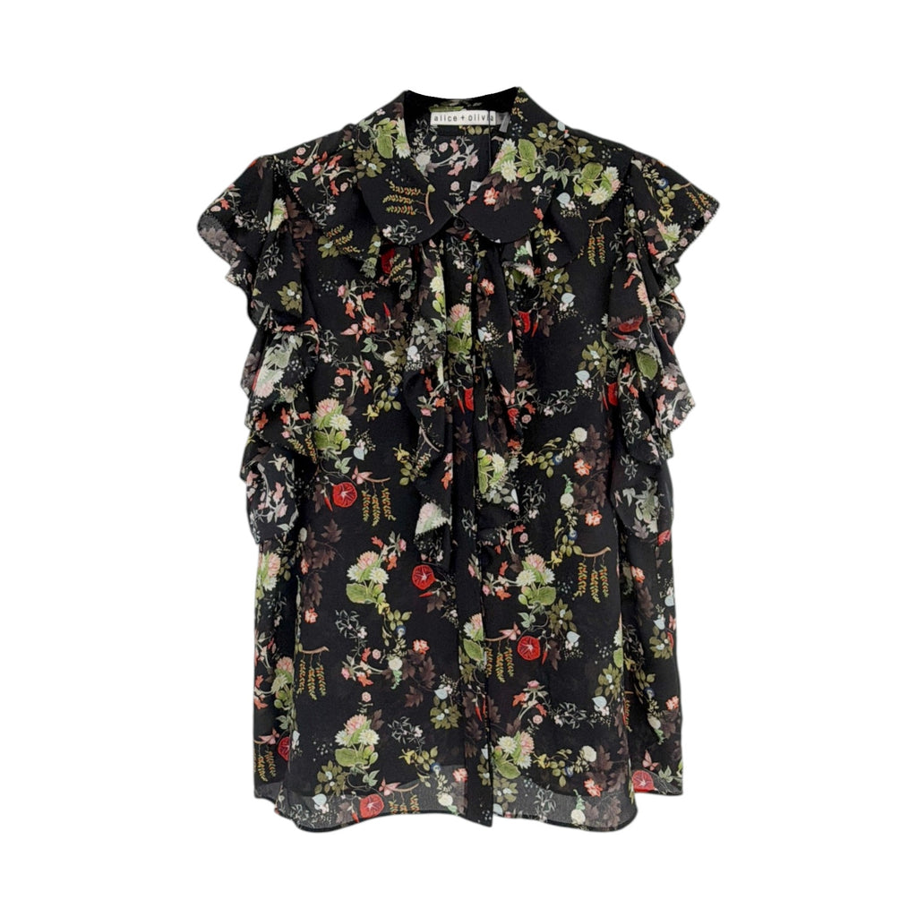 ALICE+OLIVIA Floral Ruffle Blouse in Blush Kiss Black S Alice + Olivia