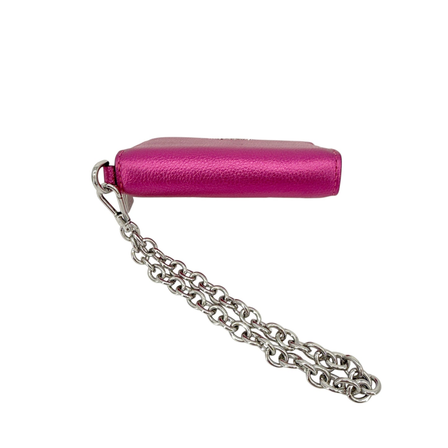 KATE SPADE Natasha Metallic Pebbled Leather Chain Compact Wristlet in Bikini Pink