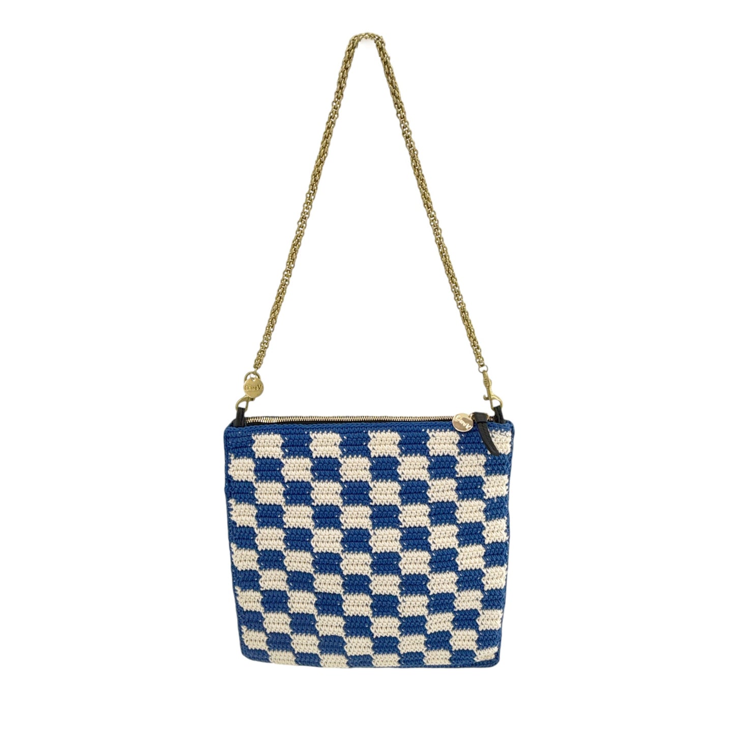 CLARE V. Foldover Clutch in Cobalt & Cream Crochet with Chain Shoulder Strap